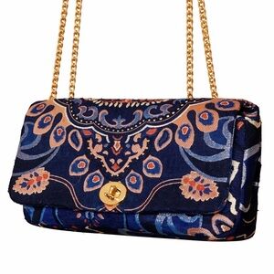 Chico’s Navy Floral Convertible Clutch Crossbody Boho Gold Chain Bag